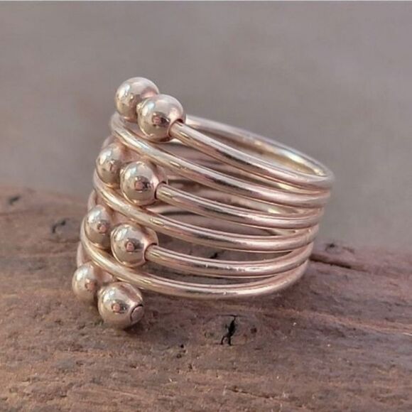 Vintage Sterling Silver Contemporary Double Ball Seven Loop Stacked - Picture 3 of 6